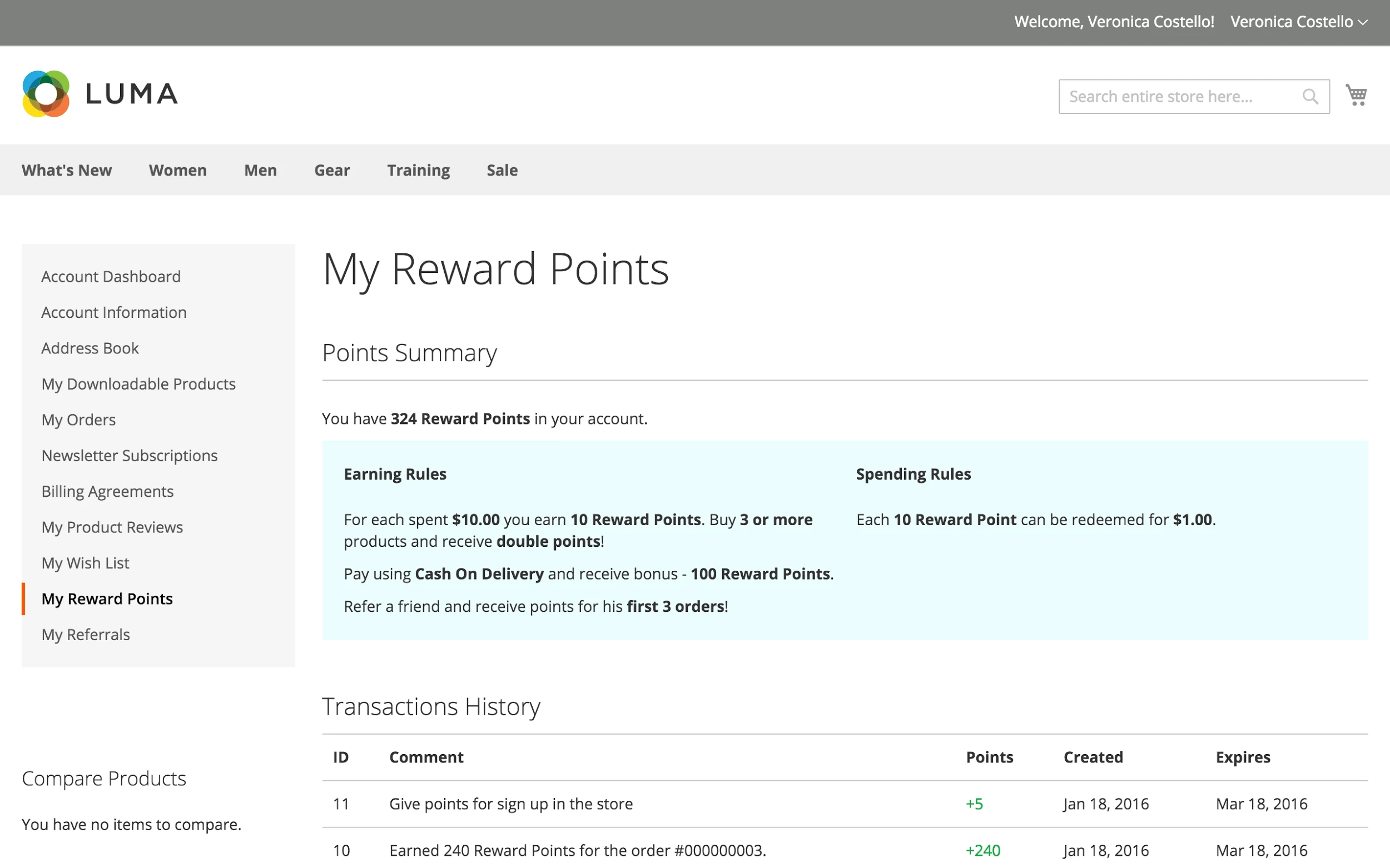 Reward points dashboard in customer’s account interface.