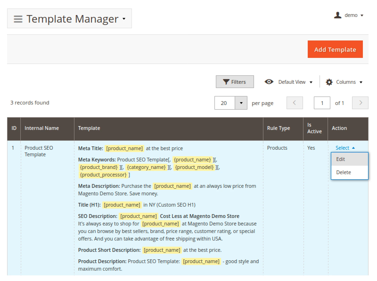 Mirasvit Advanced SEO Suite's Template Manager page