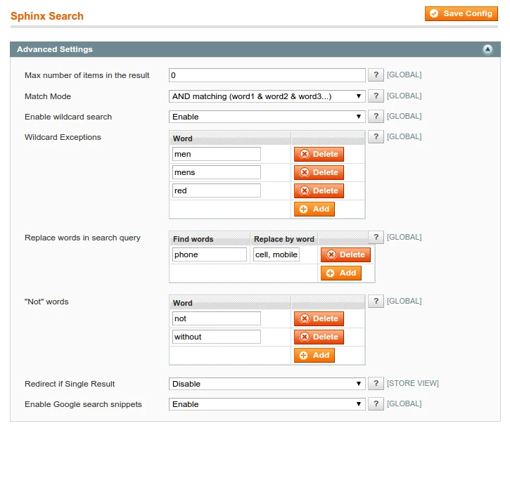 System / Configuration / Search Sphinx / General Settings