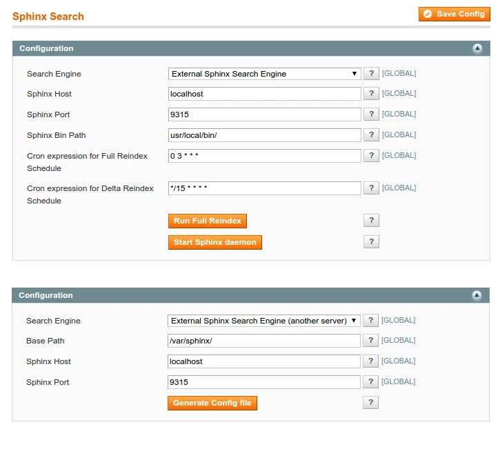 System / Configuration / Search Sphinx / General Settings