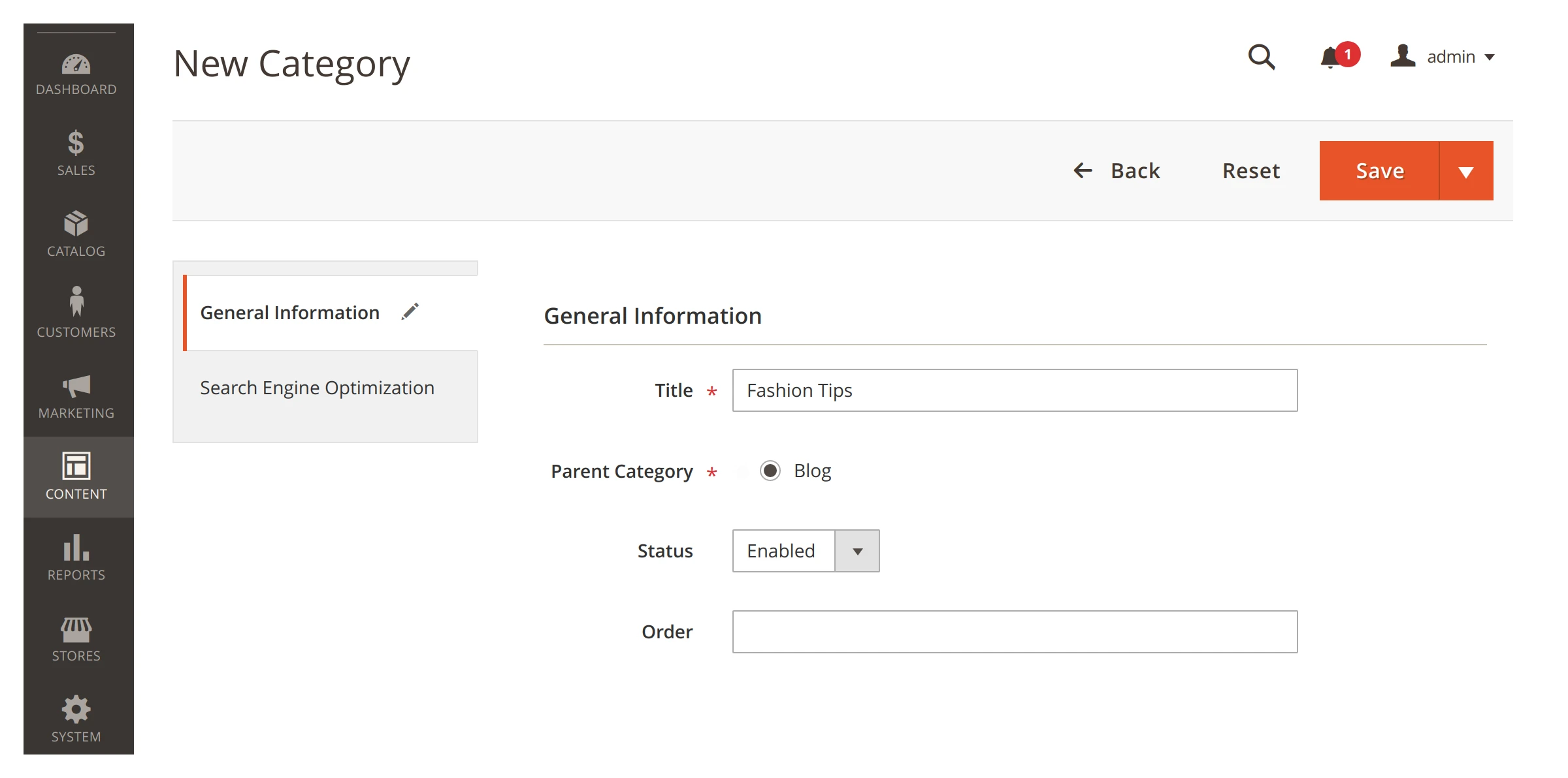 Creating a category in Mirasvit Magento 2 Blog MX module.
