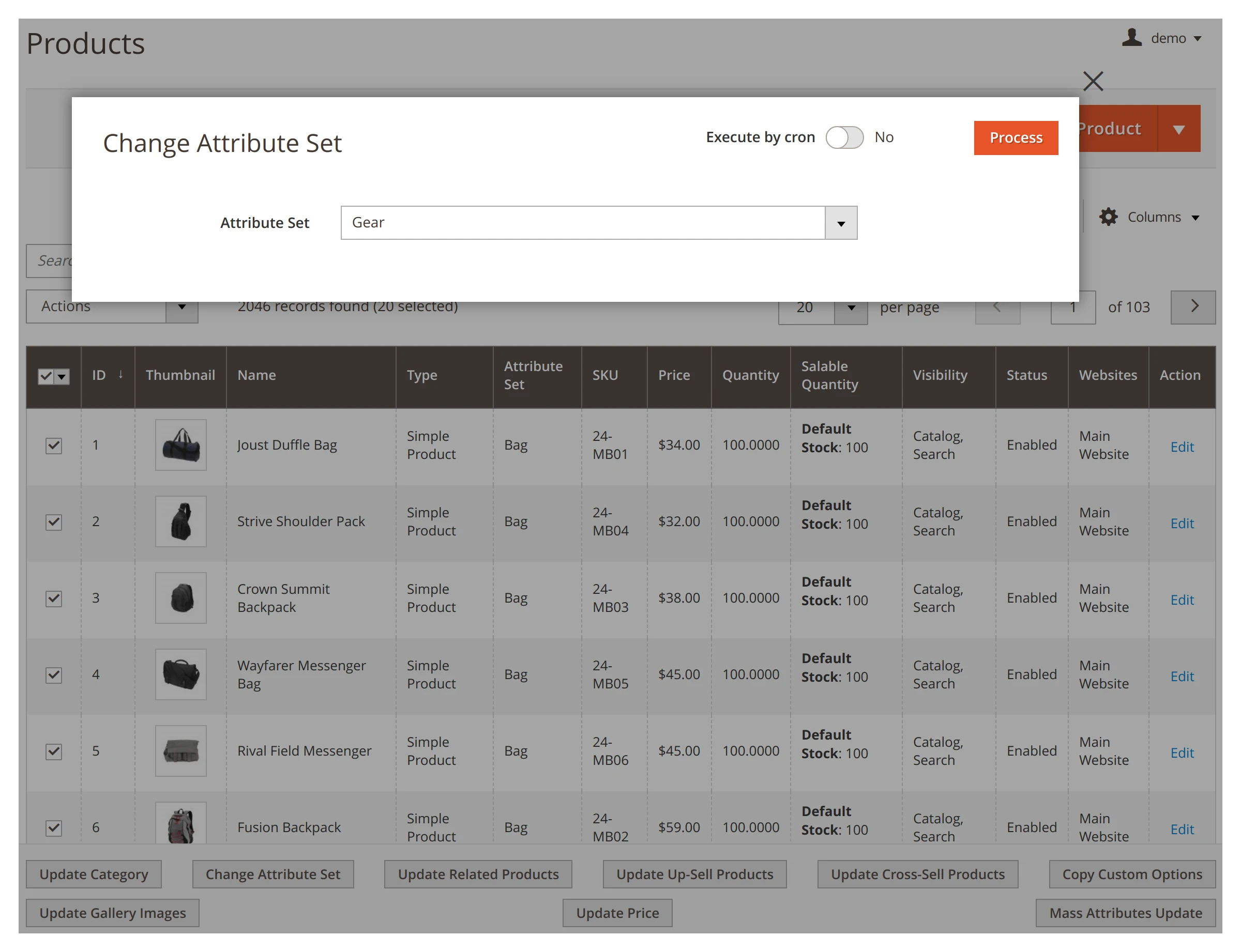 Changing attribute set in bulk in Mirasvit Mass Product Actions Magento 2 module.