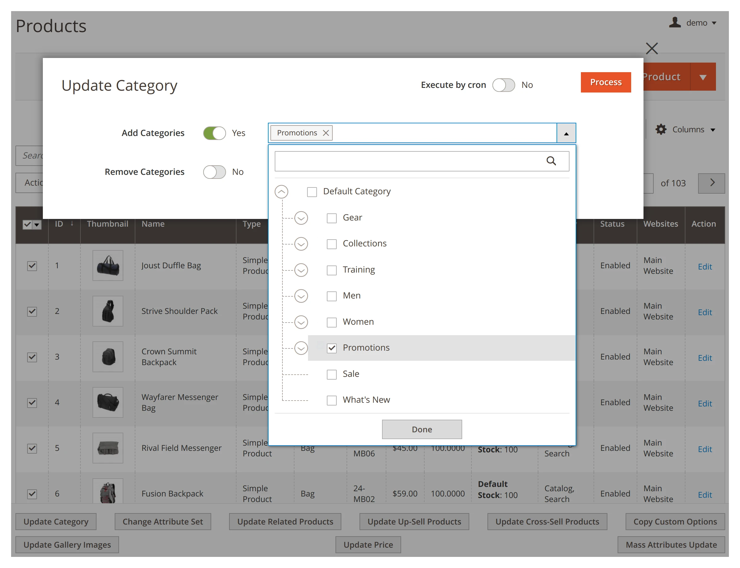Changing categories in bulk in Mirasvit Mass Product Actions Magento 2 extension.