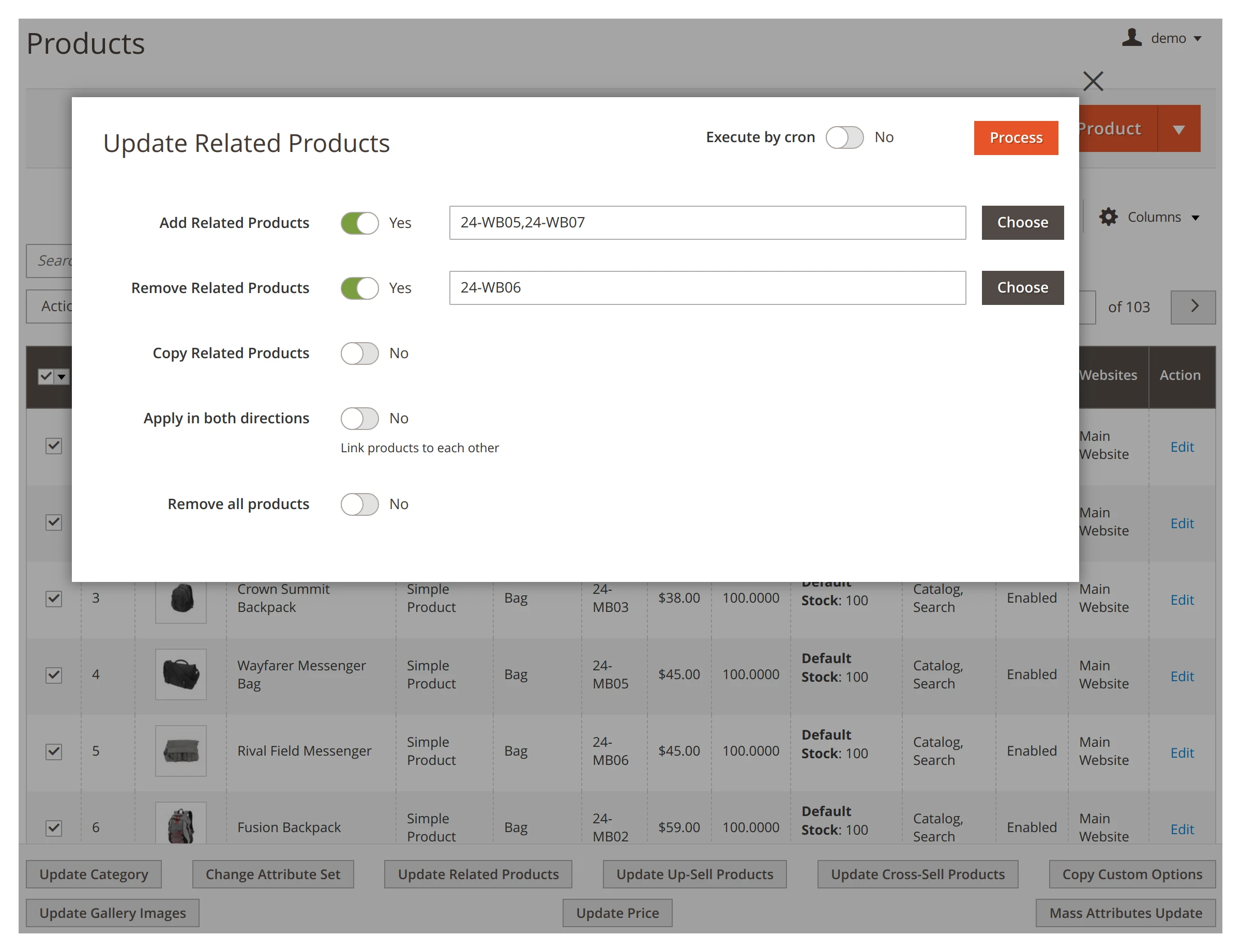 Updating related products in bulk in Mirasvit Mass Product Actions Magento 2 module.