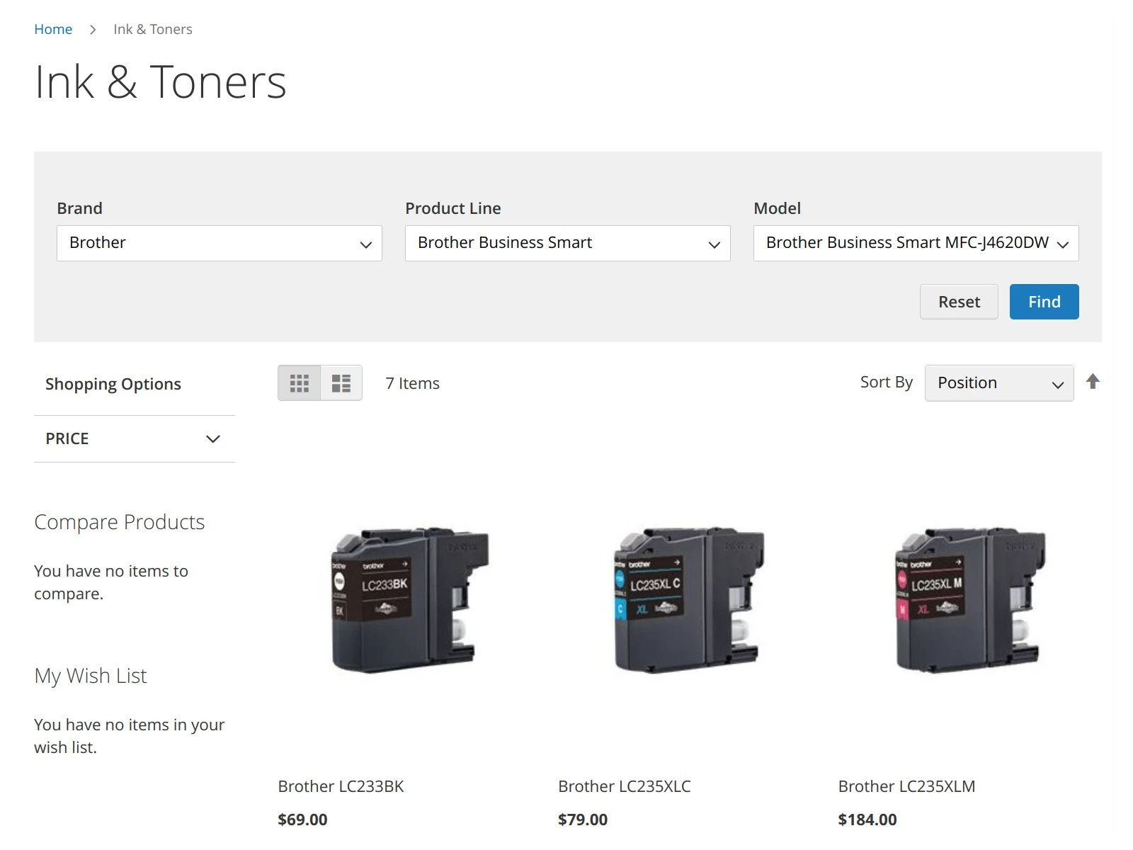Printer cartridges filtered with Magento 2 Product Finder module