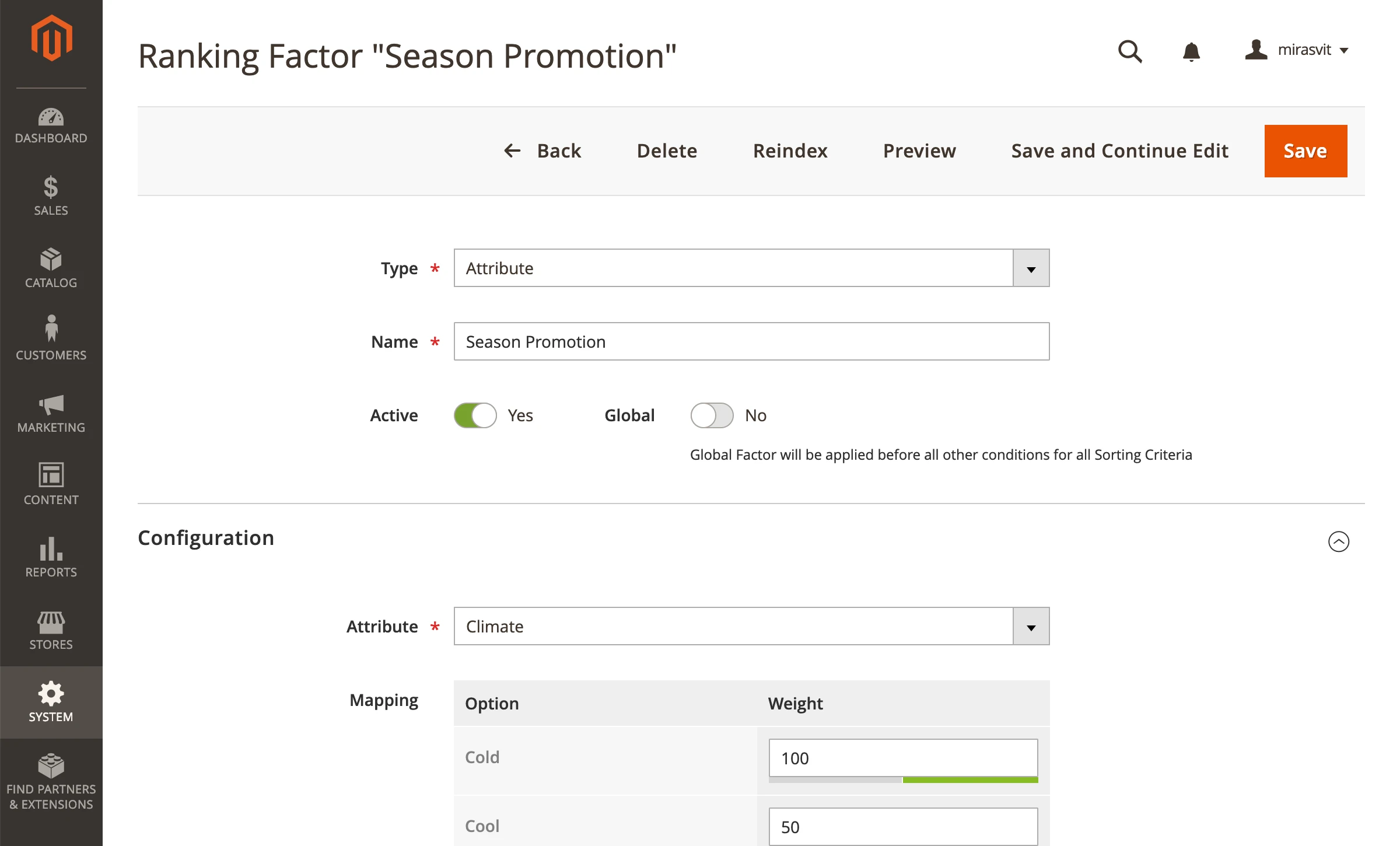 Editing a ranking factor in Mirasvit Magento 2 Improved Sorting extension.