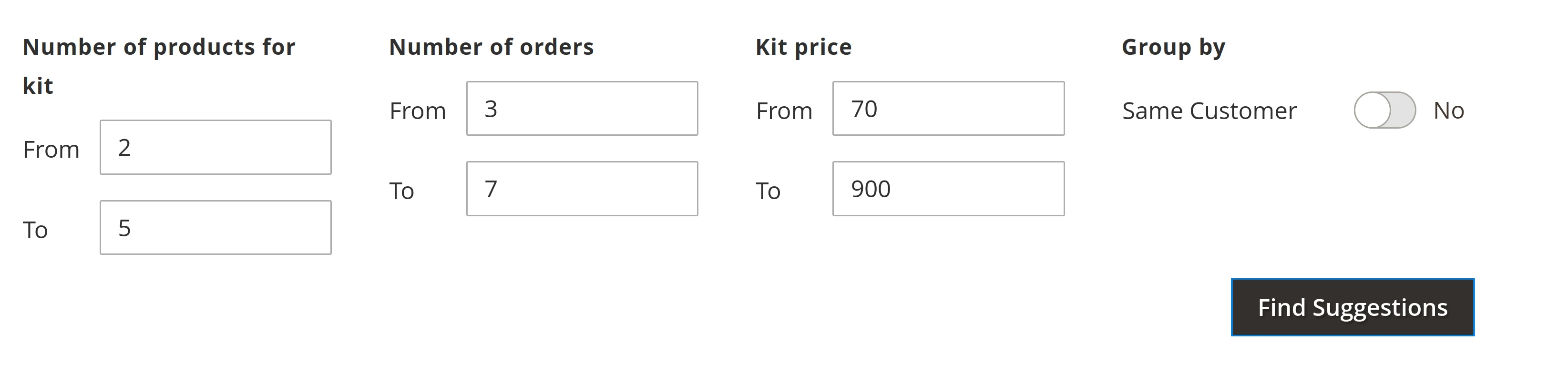 Kit suggestion settings in Mirasvit Magento 2 Buy Together - Product Kits module