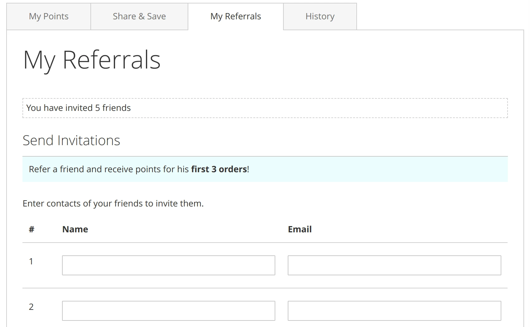 Referral tab on the customer's account page in Mirasvit Magento Customer Reward Points extension.