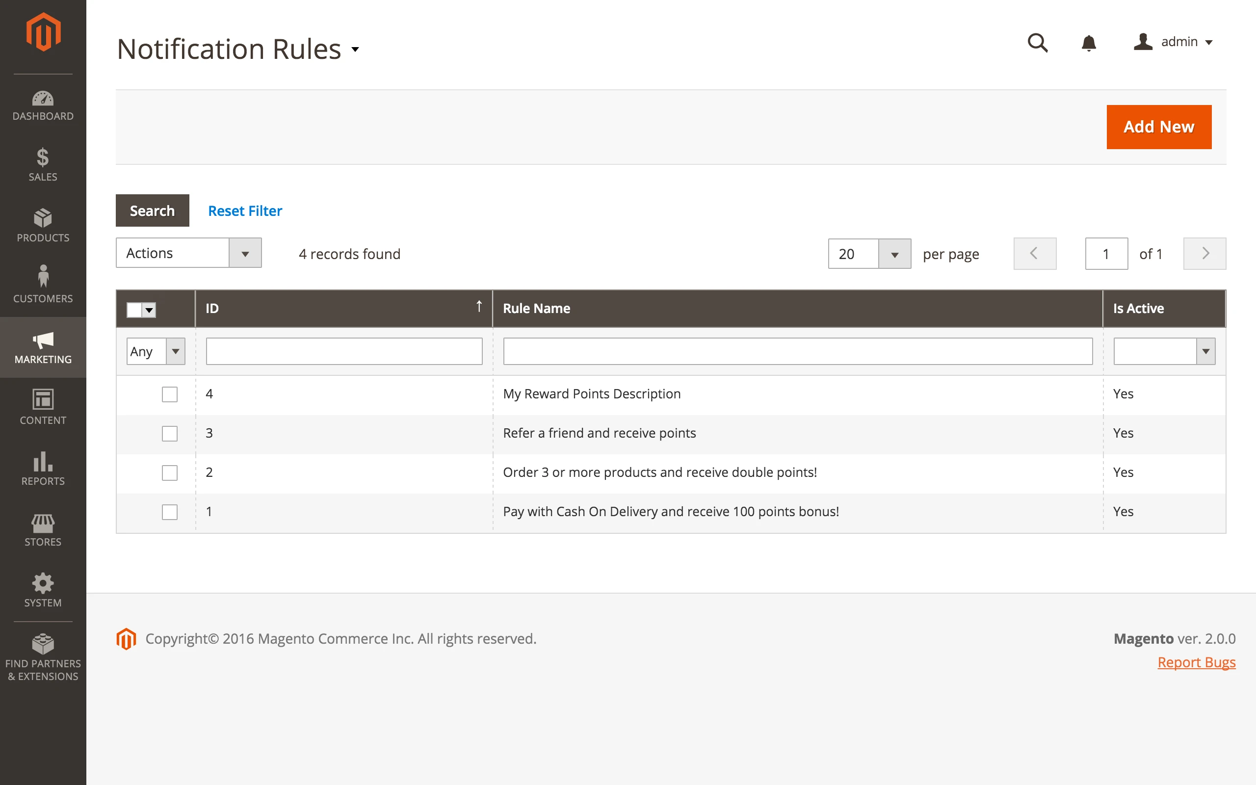 A list of notification rules in Mirasvit Magento Customer Reward Points module
