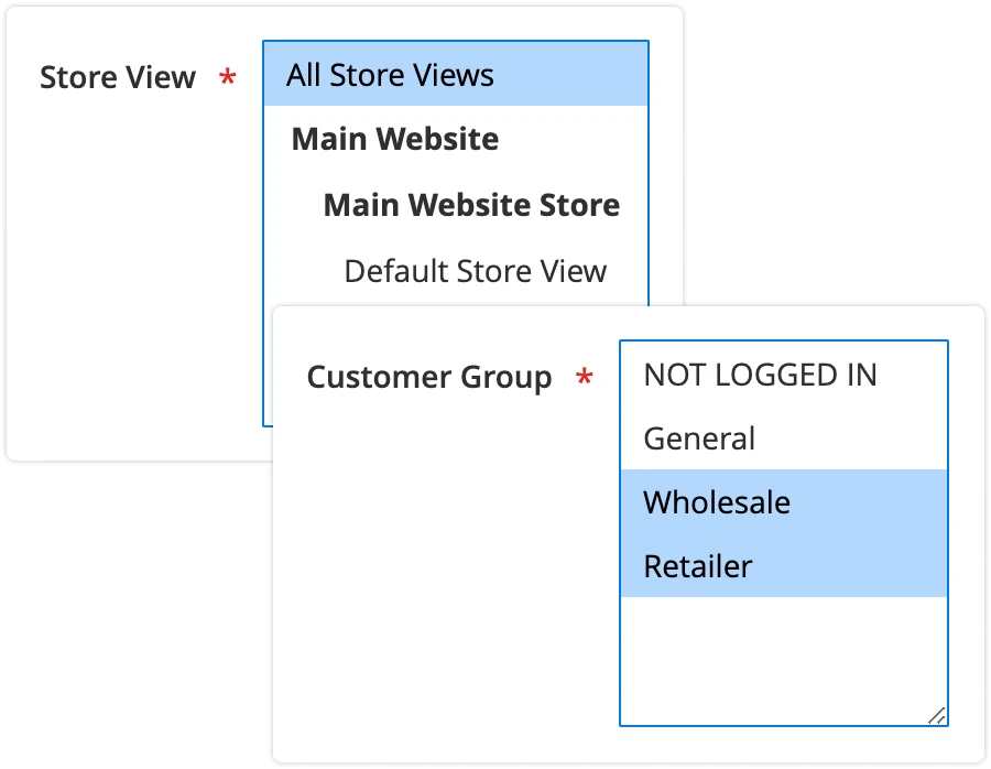 rule store view customer group