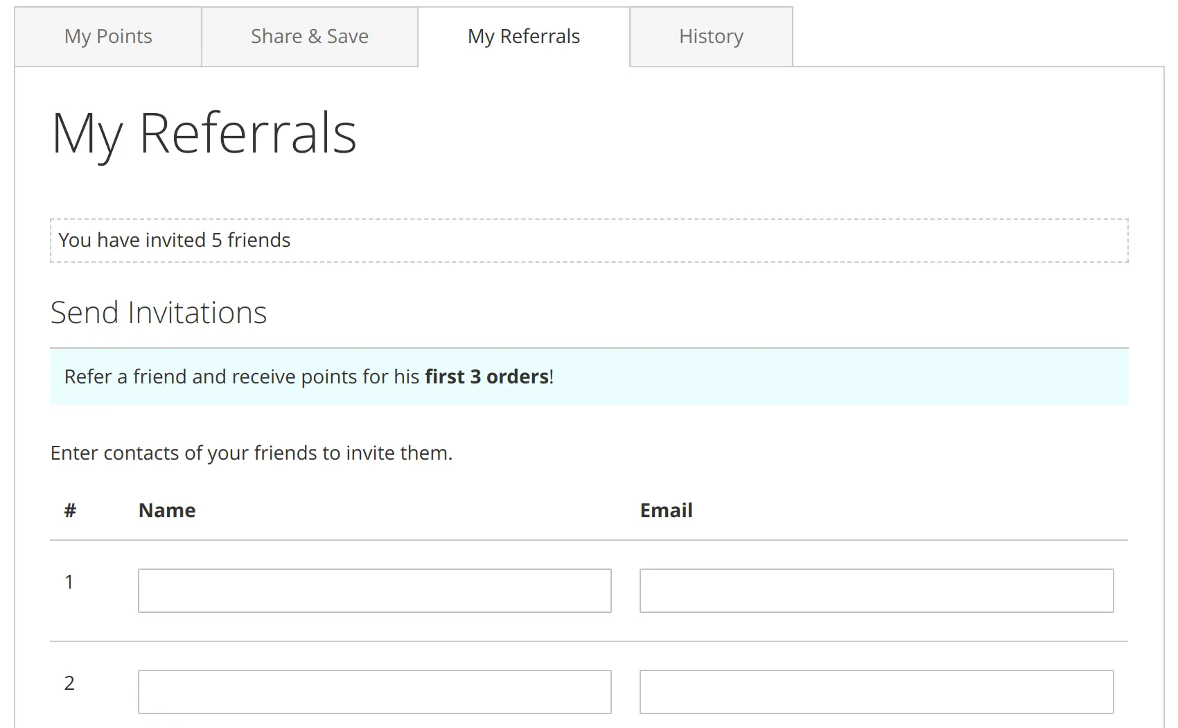 Referral tab on the customer's account page in Mirasvit Magento Customer Reward Points extension.